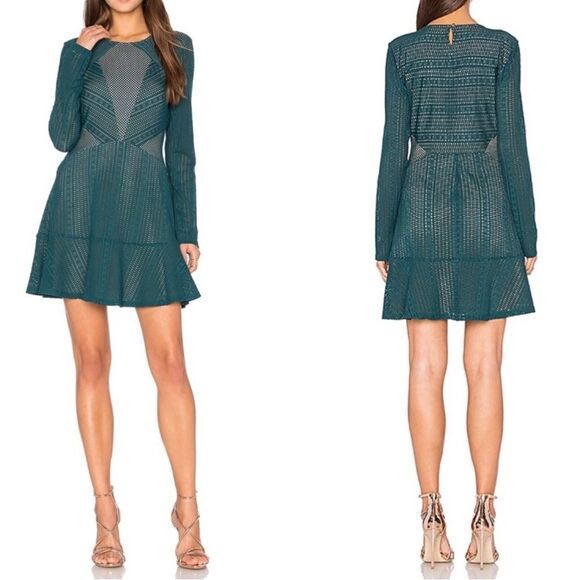 BCBGMAXAZRIA CROCHET LACE OVERLAY FIT & FLARE LONG SLEEVE MINI DAINA DRESS XS - Picture 1 of 14